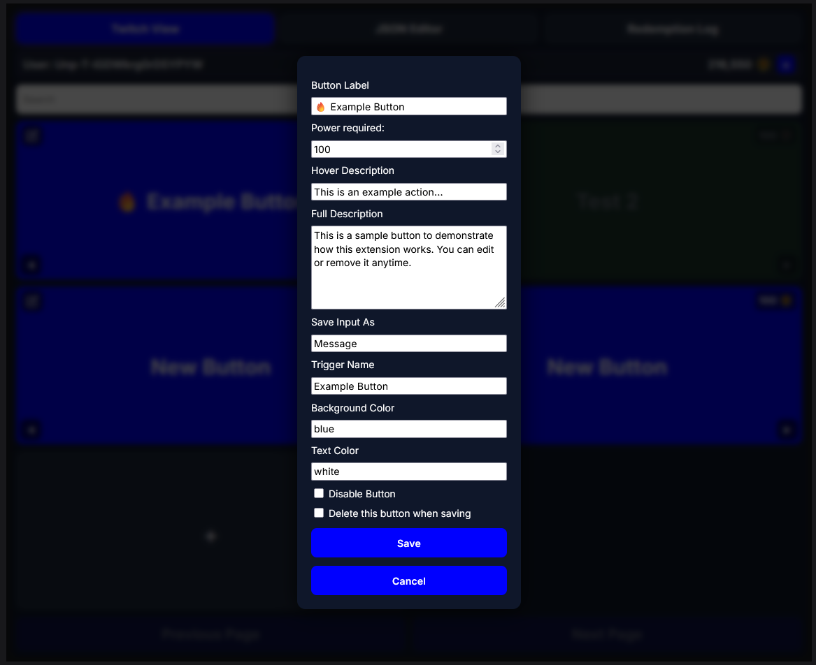 Twitch extension power screen showing button power settings